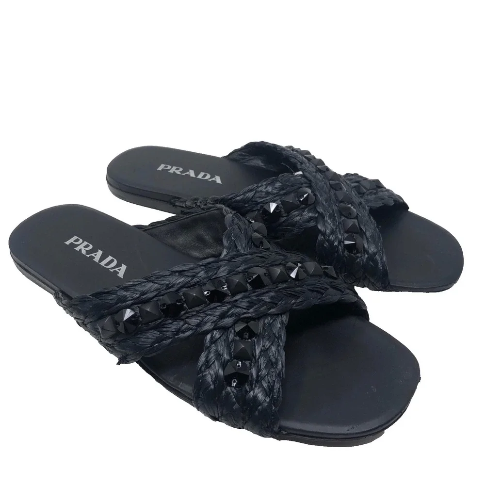 Prada Raffia Crisscross Slide‎ Sandal Womens 40.5 US 10.5 Black Old Money Luxury